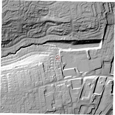 Shaded relief map of the ground around NG317EG, computed from Environment Agency LiDAR. The ground here sits at about 64 m above sea level and falls 27 m across the surrounding 800 m. Surface water reaching this point runs off ground lying to the south-south-west, 11.5 m higher.