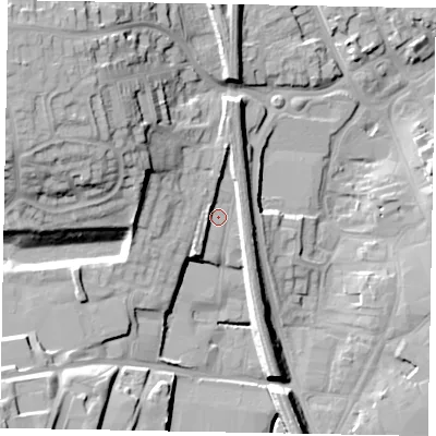 Shaded relief map of the ground around NG317EJ, computed from Environment Agency LiDAR. The ground here sits at about 61 m above sea level and falls 29 m across the surrounding 800 m. Surface water reaching this point runs off ground lying to the west-north-west, 12.4 m higher.