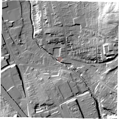 Shaded relief map of the ground around NG317EP, computed from Environment Agency LiDAR. The ground here sits at about 53 m above sea level and falls 51 m across the surrounding 800 m. Surface water reaching this point runs off ground lying to the north-east, 50.5 m higher.