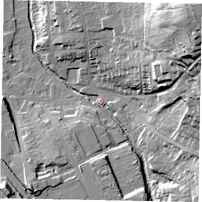 Shaded relief map of the ground around NG317ES, computed from Environment Agency LiDAR. The ground here sits at about 54 m above sea level and falls 59 m across the surrounding 800 m. Surface water reaching this point runs off ground lying to the south-east, 16.3 m higher.