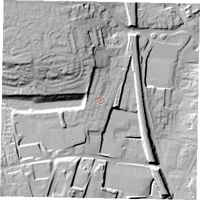 Shaded relief map of the ground around NG317GA, computed from Environment Agency LiDAR. The ground here sits at about 65 m above sea level and falls 29 m across the surrounding 800 m. Surface water reaching this point runs off ground lying to the north-north-west, 7.1 m higher.