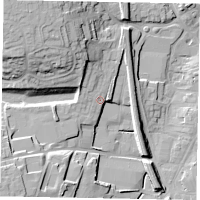 Shaded relief map of the ground around NG317GB, computed from Environment Agency LiDAR. The ground here sits at about 64 m above sea level and falls 29 m across the surrounding 800 m. Surface water reaching this point runs off ground lying to the north-north-west, 12.8 m higher.