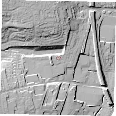 Shaded relief map of the ground around NG317GE, computed from Environment Agency LiDAR. The ground here sits at about 64 m above sea level and falls 28 m across the surrounding 800 m. The ground contributing surface water to this point lies to the west-south-west.