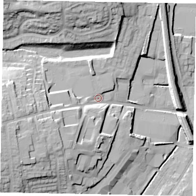 Shaded relief map of the ground around NG317GR, computed from Environment Agency LiDAR. The ground here sits at about 63 m above sea level and falls 25 m across the surrounding 800 m. Surface water reaching this point runs off ground lying to the west-south-west, 13.4 m higher.
