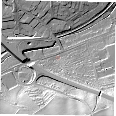 Shaded relief map of the ground around NG317JT, computed from Environment Agency LiDAR. The ground here sits at about 64 m above sea level and falls 48 m across the surrounding 800 m. Surface water reaching this point runs off ground lying to the south-south-east, 41.9 m higher.