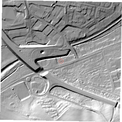 Shaded relief map of the ground around NG317JX, computed from Environment Agency LiDAR. The ground here sits at about 64 m above sea level and falls 43 m across the surrounding 800 m. Surface water reaching this point runs off ground lying to the south-south-west, 4.2 m higher.