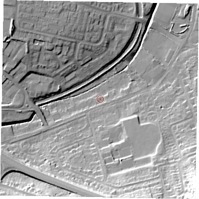 Shaded relief map of the ground around NG317JY, computed from Environment Agency LiDAR. The ground here sits at about 62 m above sea level and falls 37 m across the surrounding 800 m. Surface water reaching this point runs off ground lying to the south-south-west, 2.2 m higher.