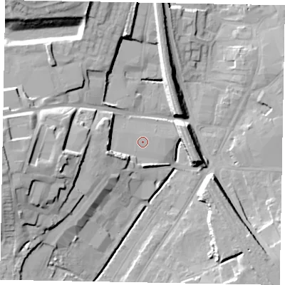 Shaded relief map of the ground around NG317NP, computed from Environment Agency LiDAR. The ground here sits at about 58 m above sea level and falls 21 m across the surrounding 800 m. The ground contributing surface water to this point lies to the south-west.
