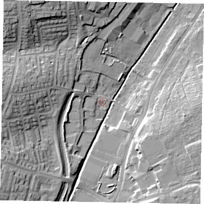 Shaded relief map of the ground around NG317NT, computed from Environment Agency LiDAR. The ground here sits at about 59 m above sea level and falls 23 m across the surrounding 800 m. Surface water reaching this point runs off ground lying to the west, 18.7 m higher.