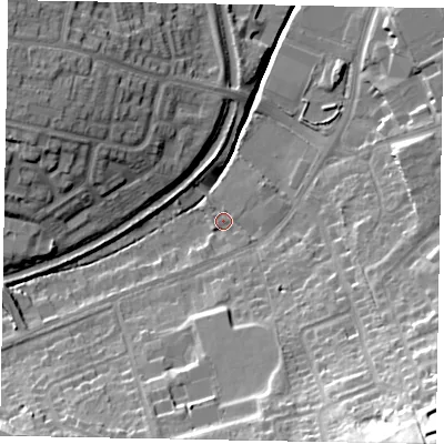 Shaded relief map of the ground around NG317SW, computed from Environment Agency LiDAR. The ground here sits at about 62 m above sea level and falls 37 m across the surrounding 800 m. Surface water reaching this point runs off ground lying to the south-south-east, 15.7 m higher.