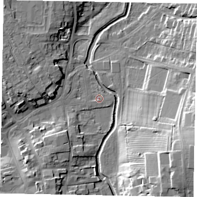 Shaded relief map of the ground around NG318BU, computed from Environment Agency LiDAR. The ground here sits at about 50 m above sea level and falls 22 m across the surrounding 800 m. Surface water reaching this point runs off ground lying to the north-east, 0.7 m higher.