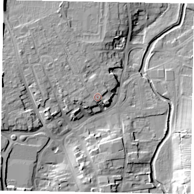 Shaded relief map of the ground around NG318BW, computed from Environment Agency LiDAR. The ground here sits at about 56 m above sea level and falls 16 m across the surrounding 800 m. Surface water reaching this point runs off ground lying to the west, 3.9 m higher.