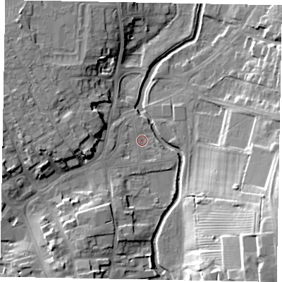 Shaded relief map of the ground around NG318BX, computed from Environment Agency LiDAR. The ground here sits at about 50 m above sea level and falls 22 m across the surrounding 800 m. Surface water reaching this point runs off ground lying to the south-south-west, 9.1 m higher.