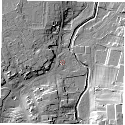 Shaded relief map of the ground around NG318BY, computed from Environment Agency LiDAR. The ground here sits at about 51 m above sea level and falls 21 m across the surrounding 800 m. Surface water reaching this point runs off ground lying to the west, 6.7 m higher.