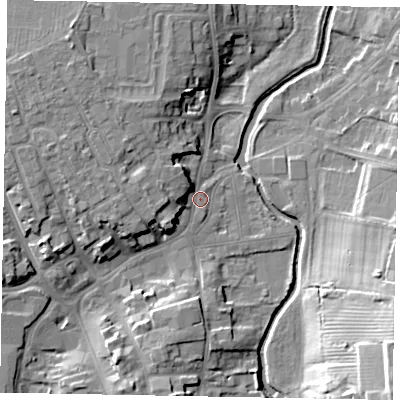 Shaded relief map of the ground around NG318BZ, computed from Environment Agency LiDAR. The ground here sits at about 51 m above sea level and falls 20 m across the surrounding 800 m. Surface water reaching this point runs off ground lying to the west-south-west, 6.7 m higher.