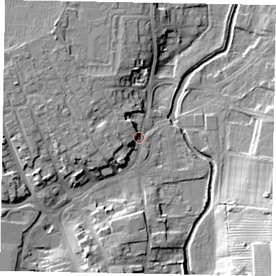 Shaded relief map of the ground around NG318DA, computed from Environment Agency LiDAR. The ground here sits at about 53 m above sea level and falls 18 m across the surrounding 800 m. Surface water reaching this point runs off ground lying to the west, 5.6 m higher.