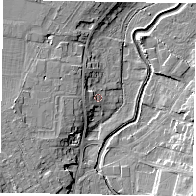 Shaded relief map of the ground around NG318DN, computed from Environment Agency LiDAR. The ground here sits at about 52 m above sea level and falls 12 m across the surrounding 800 m. Surface water reaching this point runs off ground lying to the west-north-west, 3.0 m higher.