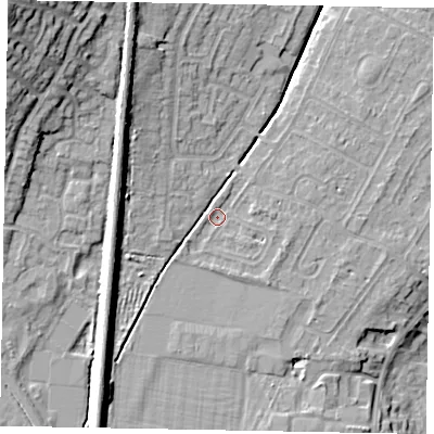 Shaded relief map of the ground around NG318EL, computed from Environment Agency LiDAR. The ground here sits at about 54 m above sea level and falls 23 m across the surrounding 800 m. Surface water reaching this point runs off ground lying to the south-east, 1.5 m higher.