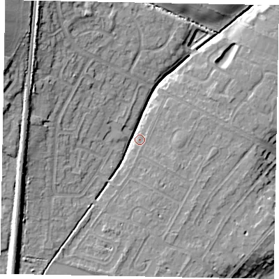 Shaded relief map of the ground around NG318ER, computed from Environment Agency LiDAR. The ground here sits at about 54 m above sea level and falls 20 m across the surrounding 800 m. Surface water reaching this point runs off ground lying to the west, 11.6 m higher.