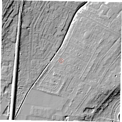 Shaded relief map of the ground around NG318EW, computed from Environment Agency LiDAR. The ground here sits at about 55 m above sea level and falls 21 m across the surrounding 800 m. Surface water reaching this point runs off ground lying to the south-south-east, 0.6 m higher.