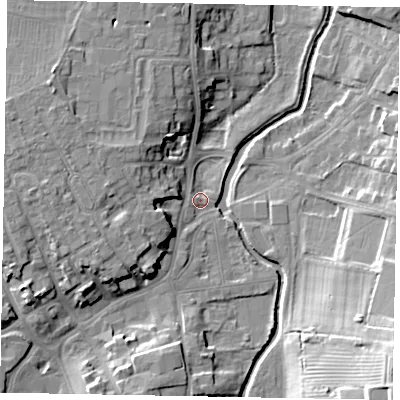 Shaded relief map of the ground around NG318FJ, computed from Environment Agency LiDAR. The ground here sits at about 50 m above sea level and falls 21 m across the surrounding 800 m. Surface water reaching this point runs off ground lying to the west-south-west, 7.4 m higher.