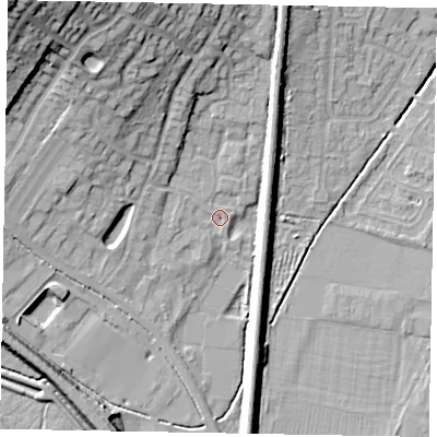 Shaded relief map of the ground around NG318GT, computed from Environment Agency LiDAR. The ground here sits at about 57 m above sea level and falls 31 m across the surrounding 800 m. Surface water reaching this point runs off ground lying to the north-north-west, 16.4 m higher.