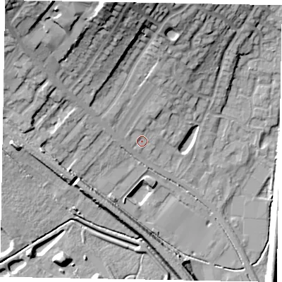 Shaded relief map of the ground around NG318HU, computed from Environment Agency LiDAR. The ground here sits at about 60 m above sea level and falls 26 m across the surrounding 800 m. Surface water reaching this point runs off ground lying to the north-north-west, 20.9 m higher.