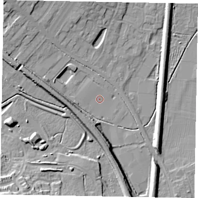 Shaded relief map of the ground around NG318HX, computed from Environment Agency LiDAR. The ground here sits at about 57 m above sea level and falls 23 m across the surrounding 800 m. Surface water reaching this point runs off ground lying to the north-west, 0.6 m higher.