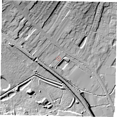 Shaded relief map of the ground around NG318HY, computed from Environment Agency LiDAR. The ground here sits at about 59 m above sea level and falls 18 m across the surrounding 800 m. Surface water reaching this point runs off ground lying to the north-north-west, 2.5 m higher.