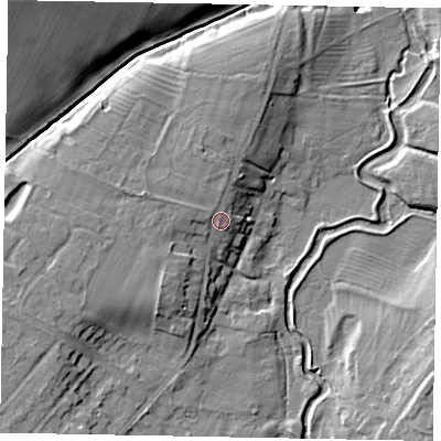 Shaded relief map of the ground around NG318NG, computed from Environment Agency LiDAR. The ground here sits at about 52 m above sea level and falls 22 m across the surrounding 800 m. Surface water reaching this point runs off ground lying to the west-north-west, 2.1 m higher.