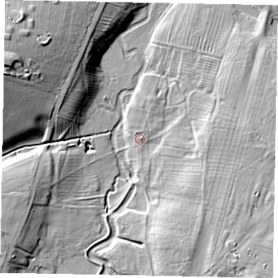 Shaded relief map of the ground around NG318NH, computed from Environment Agency LiDAR. The ground here sits at about 46 m above sea level and falls 24 m across the surrounding 800 m. Surface water reaching this point runs off ground lying to the south-east, 6.7 m higher.