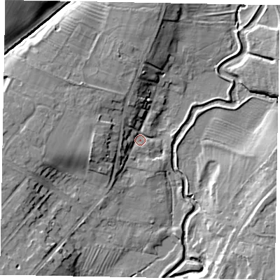 Shaded relief map of the ground around NG318NQ, computed from Environment Agency LiDAR. The ground here sits at about 47 m above sea level and falls 13 m across the surrounding 800 m. Surface water reaching this point runs off ground lying to the west, 7.4 m higher.