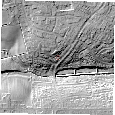 Shaded relief map of the ground around NG318RA, computed from Environment Agency LiDAR. The ground here sits at about 79 m above sea level and falls 28 m across the surrounding 800 m. Surface water reaching this point runs off ground lying to the north-north-west, 14.7 m higher.