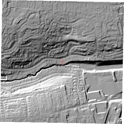 Shaded relief map of the ground around NG318RN, computed from Environment Agency LiDAR. The ground here sits at about 64 m above sea level and falls 28 m across the surrounding 800 m. Surface water reaching this point runs off ground lying to the north-west, 22.5 m higher.