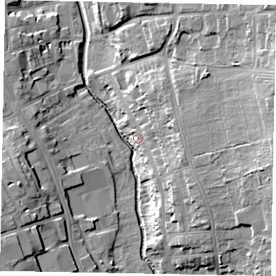 Shaded relief map of the ground around NG319AA, computed from Environment Agency LiDAR. The ground here sits at about 58 m above sea level and falls 24 m across the surrounding 800 m. Surface water reaching this point runs off ground lying to the east, 6.5 m higher.