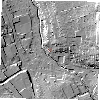 Shaded relief map of the ground around NG319AD, computed from Environment Agency LiDAR. The ground here sits at about 56 m above sea level and falls 32 m across the surrounding 800 m. Surface water reaching this point runs off ground lying to the east-north-east, 7.4 m higher.