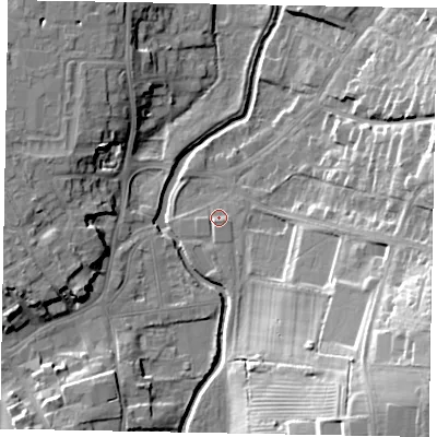 Shaded relief map of the ground around NG319BB, computed from Environment Agency LiDAR. The ground here sits at about 51 m above sea level and falls 23 m across the surrounding 800 m. Surface water reaching this point runs off ground lying to the south-east, 19.9 m higher.