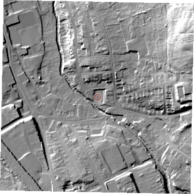 Shaded relief map of the ground around NG319BF, computed from Environment Agency LiDAR. The ground here sits at about 53 m above sea level and falls 45 m across the surrounding 800 m. Surface water reaching this point runs off ground lying to the north-east, 4.3 m higher.