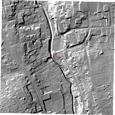 Shaded relief map of the ground around NG319BZ, computed from Environment Agency LiDAR. The ground here sits at about 53 m above sea level and falls 22 m across the surrounding 800 m. Surface water reaching this point runs off ground lying to the east, 16.9 m higher.
