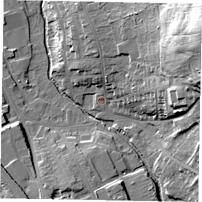 Shaded relief map of the ground around NG319DZ, computed from Environment Agency LiDAR. The ground here sits at about 54 m above sea level and falls 55 m across the surrounding 800 m. Surface water reaching this point runs off ground lying to the north-east, 51.0 m higher.
