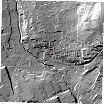 Shaded relief map of the ground around NG319EA, computed from Environment Agency LiDAR. The ground here sits at about 56 m above sea level and falls 58 m across the surrounding 800 m. Surface water reaching this point runs off ground lying to the north-east, 53.6 m higher.