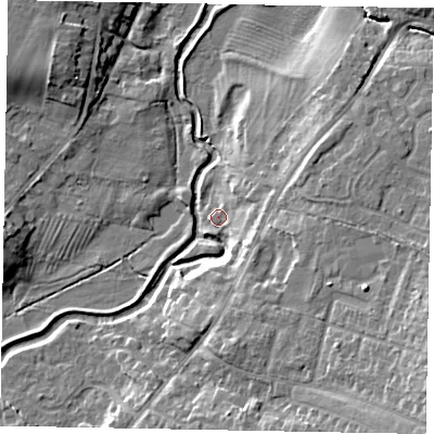 Shaded relief map of the ground around NG319FA, computed from Environment Agency LiDAR. The ground here sits at about 48 m above sea level and falls 15 m across the surrounding 800 m. Surface water reaching this point runs off ground lying to the south-east, 12.9 m higher.