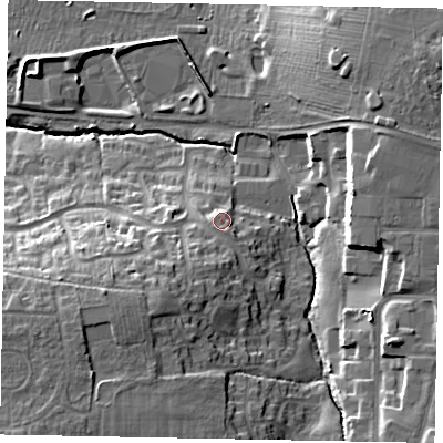 Shaded relief map of the ground around NG319FB, computed from Environment Agency LiDAR. The ground here sits at about 65 m above sea level and falls 23 m across the surrounding 800 m. Surface water reaching this point runs off ground lying to the south-south-west, 3.8 m higher.