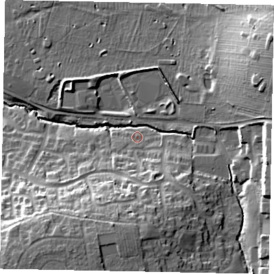 Shaded relief map of the ground around NG319FD, computed from Environment Agency LiDAR. The ground here sits at about 58 m above sea level and falls 24 m across the surrounding 800 m. Surface water reaching this point runs off ground lying to the south, 15.2 m higher.