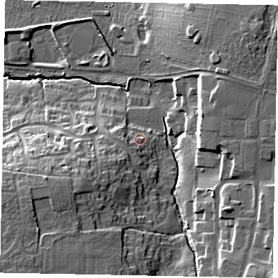 Shaded relief map of the ground around NG319FG, computed from Environment Agency LiDAR. The ground here sits at about 64 m above sea level and falls 24 m across the surrounding 800 m. Surface water reaching this point runs off ground lying to the south-west, 4.4 m higher.