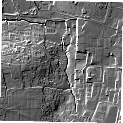 Shaded relief map of the ground around NG319FN, computed from Environment Agency LiDAR. The ground here sits at about 63 m above sea level and falls 27 m across the surrounding 800 m. Surface water reaching this point runs off ground lying to the west-south-west, 2.8 m higher.