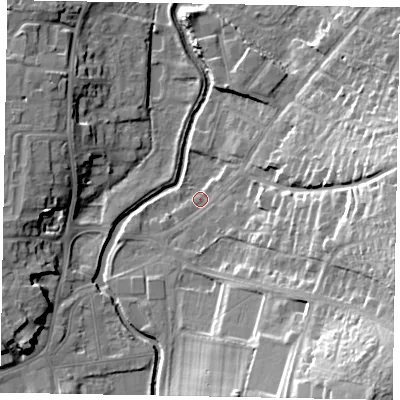 Shaded relief map of the ground around NG319HJ, computed from Environment Agency LiDAR. The ground here sits at about 50 m above sea level and falls 25 m across the surrounding 800 m. Surface water reaching this point runs off ground lying to the east-south-east, 14.1 m higher.