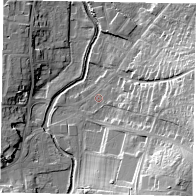 Shaded relief map of the ground around NG319HL, computed from Environment Agency LiDAR. The ground here sits at about 50 m above sea level and falls 25 m across the surrounding 800 m. Surface water reaching this point runs off ground lying to the east, 5.7 m higher.
