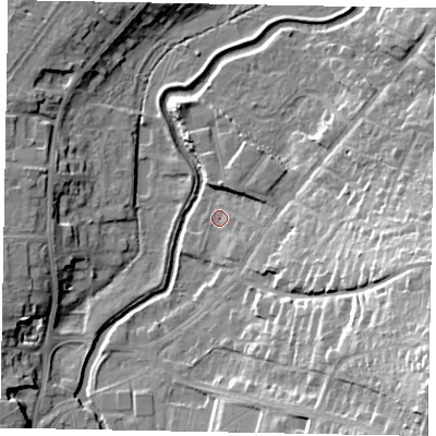 Shaded relief map of the ground around NG319JL, computed from Environment Agency LiDAR. The ground here sits at about 49 m above sea level and falls 26 m across the surrounding 800 m. Surface water reaching this point runs off ground lying to the east-south-east, 10.9 m higher.