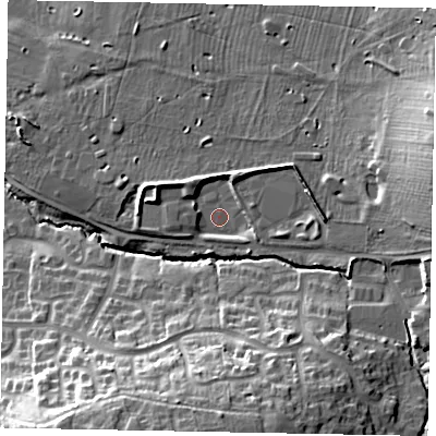Shaded relief map of the ground around NG319SJ, computed from Environment Agency LiDAR. The ground here sits at about 56 m above sea level and falls 24 m across the surrounding 800 m. Surface water reaching this point runs off ground lying to the east, 6.2 m higher.